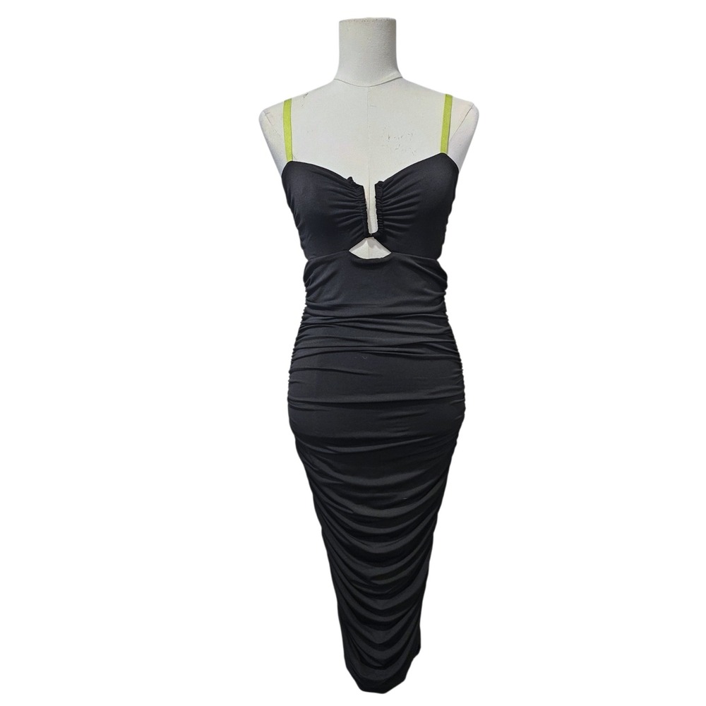 Le Superbe Black Ruched Cutout Midi Dress Lime Green Straps Size S